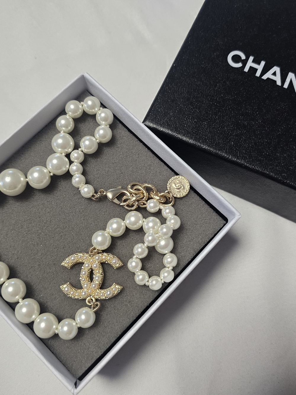Pearl Pendant Necklace with Gold Logo Accent - White & Gold